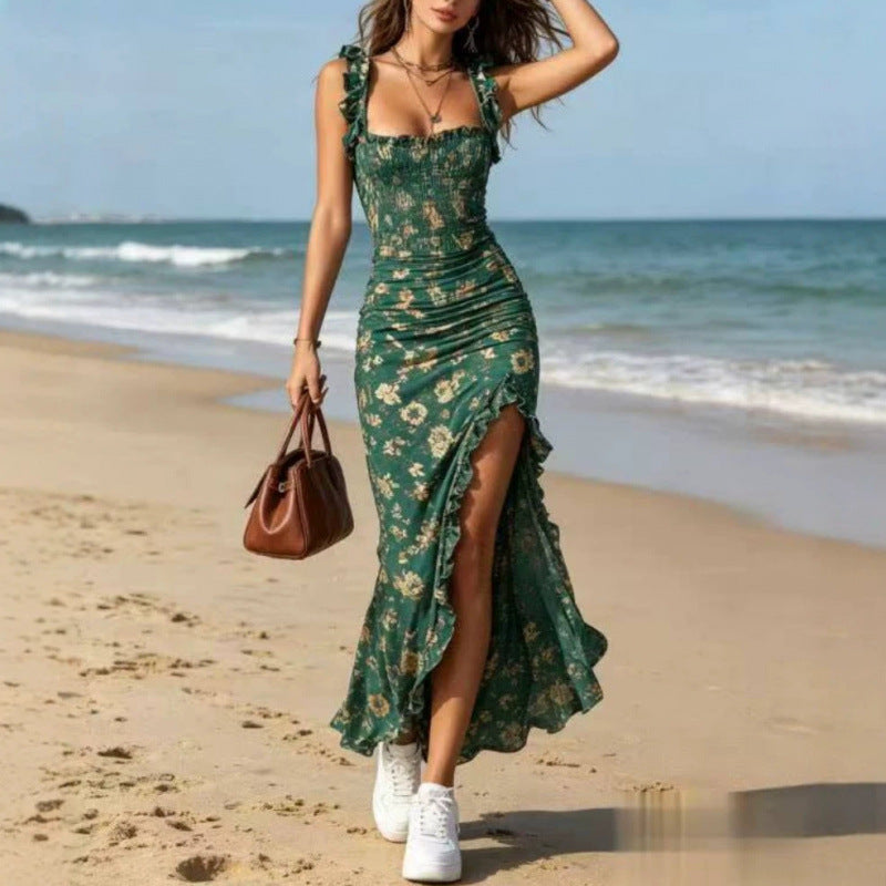 Bohemian Vintage Ruffled Sleeveless Strap High Dress