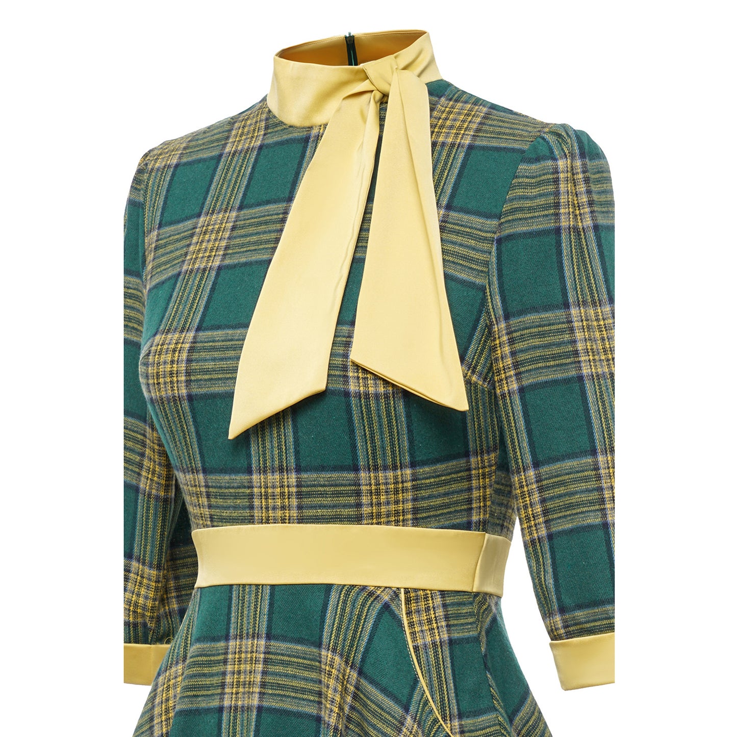 Plaid Turtleneck Green Sleeve Hepburn Style Color Collision Design Artistic Dress