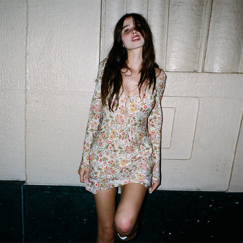 Long Sleeve Floral Silk Diagonal Cut French Shorts