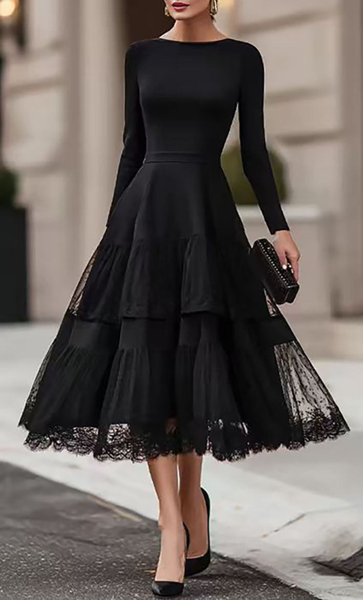 Women's French Style Elegant Hepburn Long Sleeve Mesh Stitching High-grade Dress