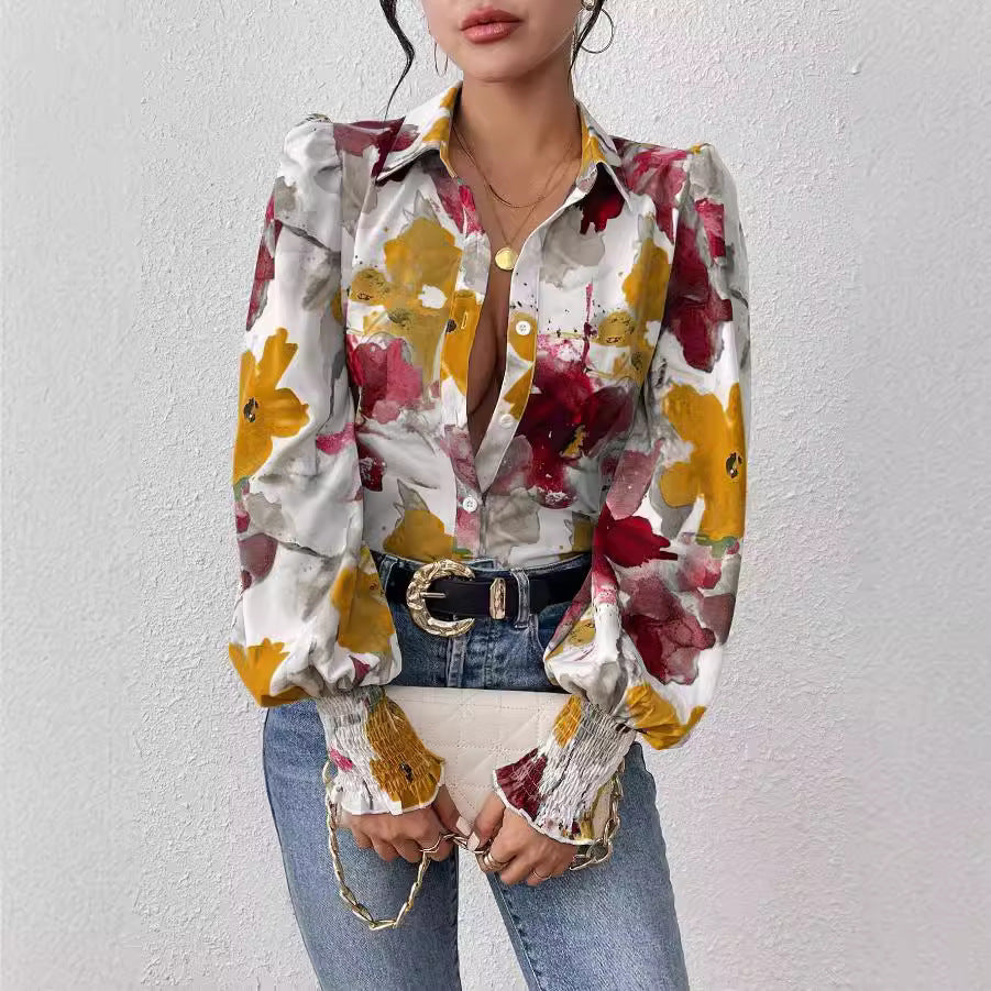 Women's Lapel Bubble Long Sleeve Loose Printed Blouses