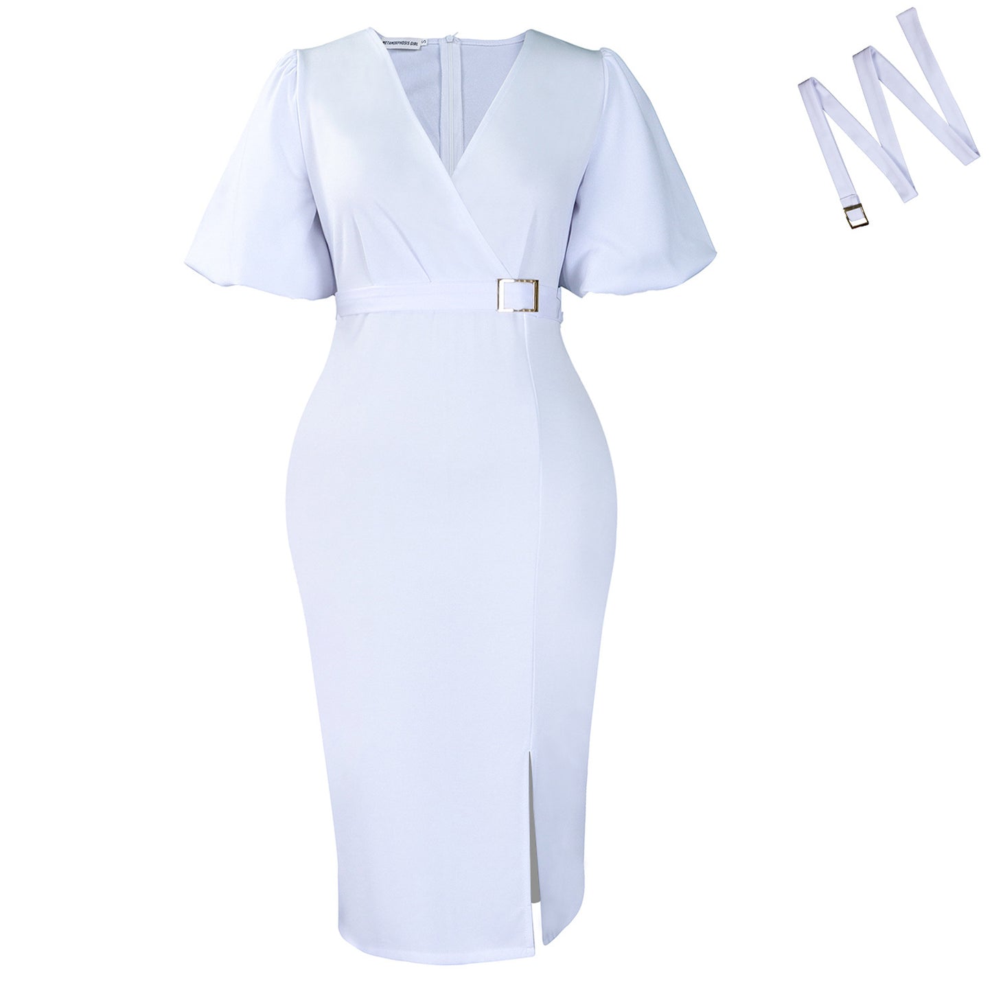 Women's Fashion Puff Sleeve Solid Color Waist Tight Split Hip Dress