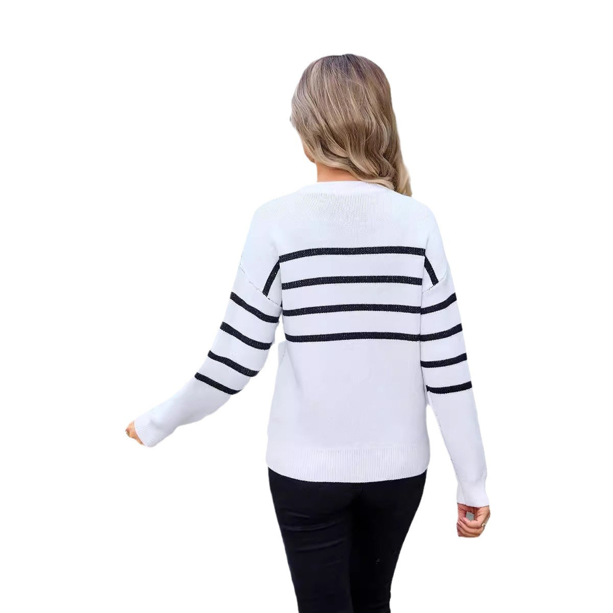 Spring Striped Bow Round Neck Flower Knitted Sweater