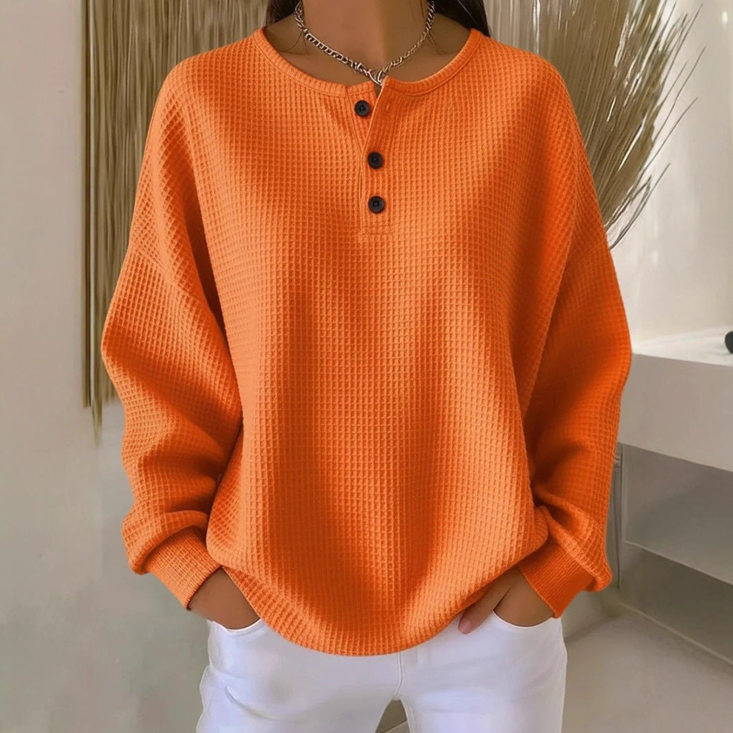 Round Neck Waffle Solid Color Pullover Women's Sweater