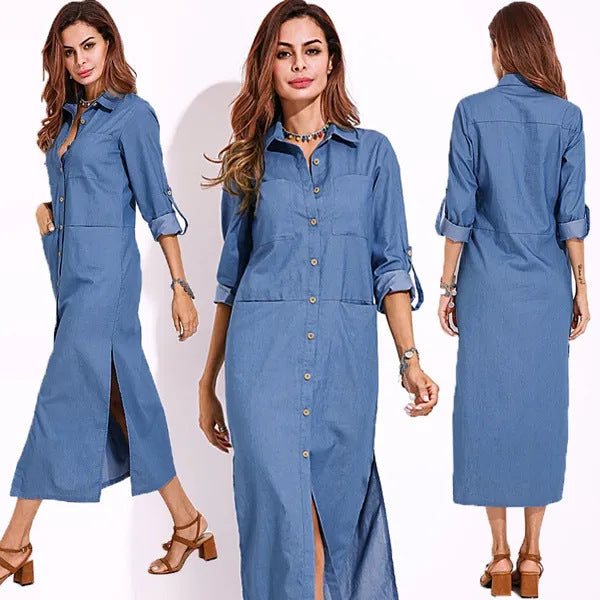 Women's Fashion Casual Long Sleeve Collar Solid Dresses