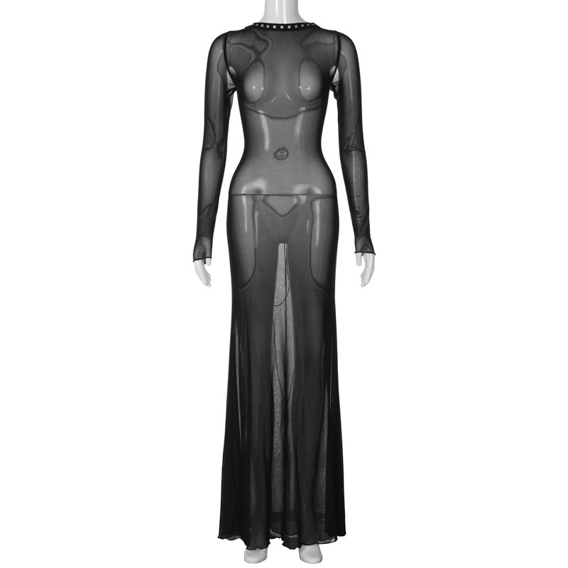 Women's Sexy Mesh Backless Lace Up Long Dresses