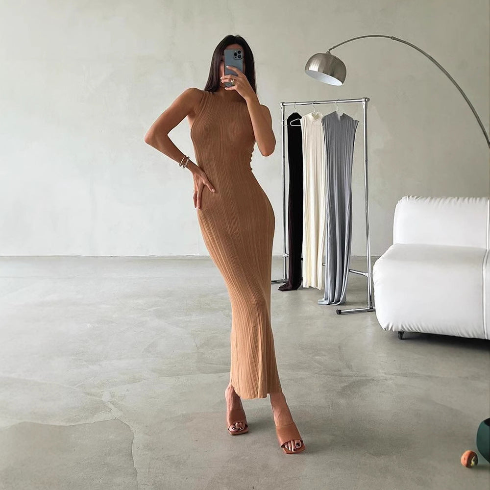 Knitted Turtleneck Sleeveless Tight Midi Elegant Skirts