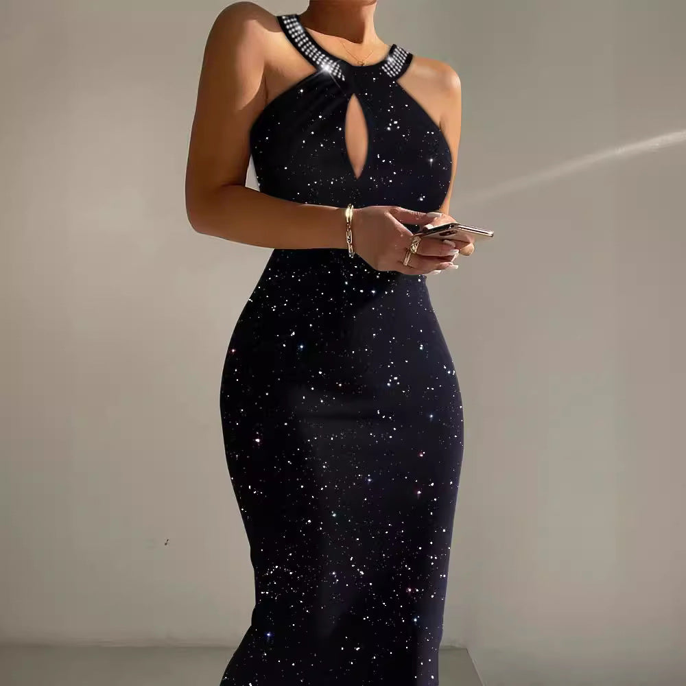 Fashionable Sequins Halter Rhinestone Flash Sleeveless Backless Sheath Sexy Dress