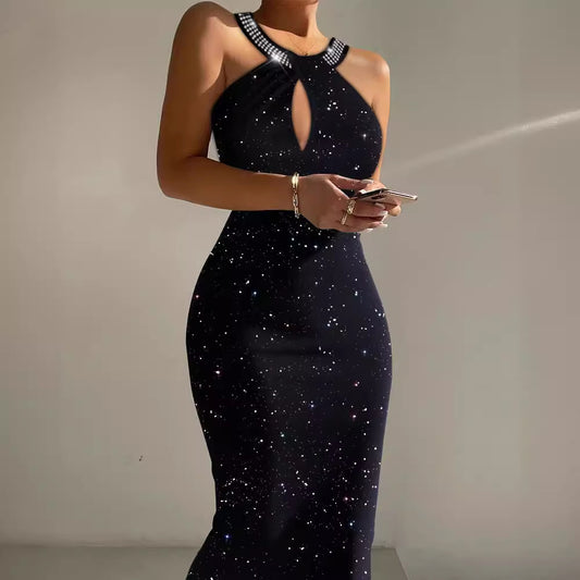 Fashionable Sequins Halter Rhinestone Flash Sleeveless Backless Sheath Sexy Dress