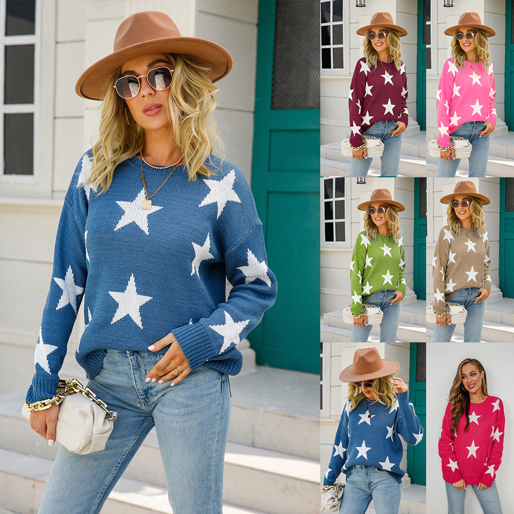 Women's Spring Pullover Round Neck Oversized Knit Print Five-pointed Knitwear