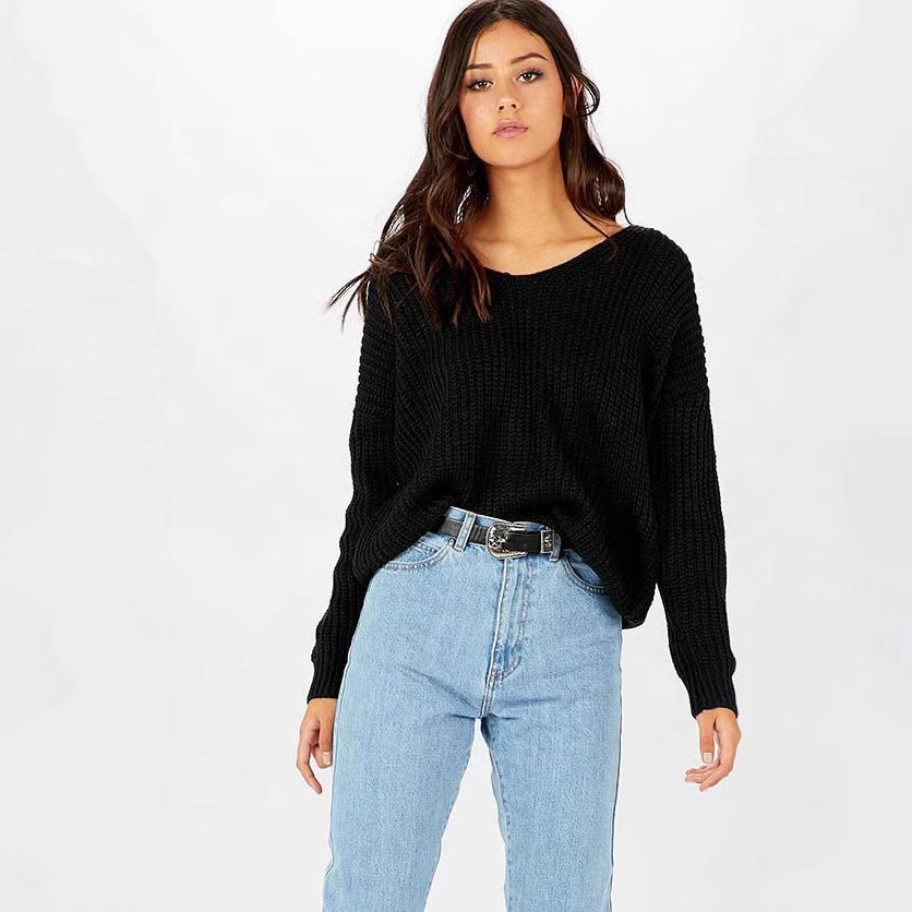 Loose Eyelet Cross Strap Drawstring Hollow Women's Sweater