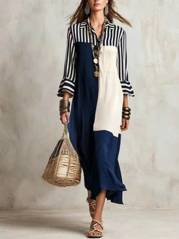 Fashion Elegant Graceful Striped Cropped Sleeve Dress