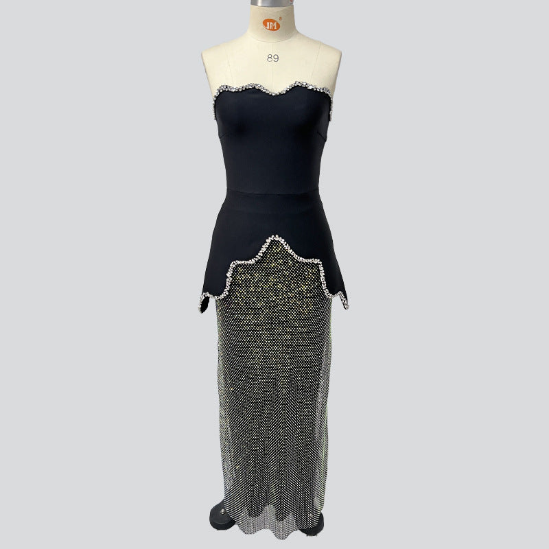 Black Crystal Tube Bandage Rhinestone High Waist Suits