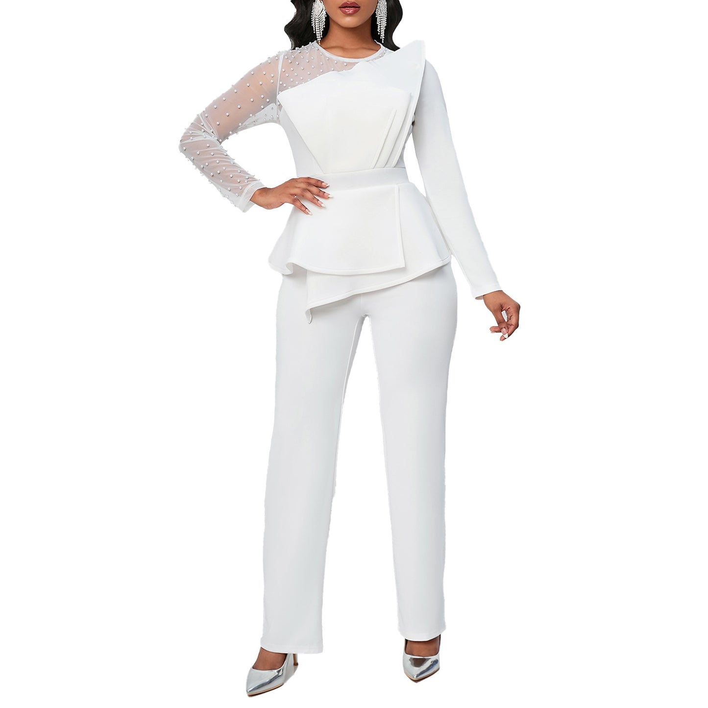 Long Sleeve Temperament Mesh Splicing Beads Jumpsuits