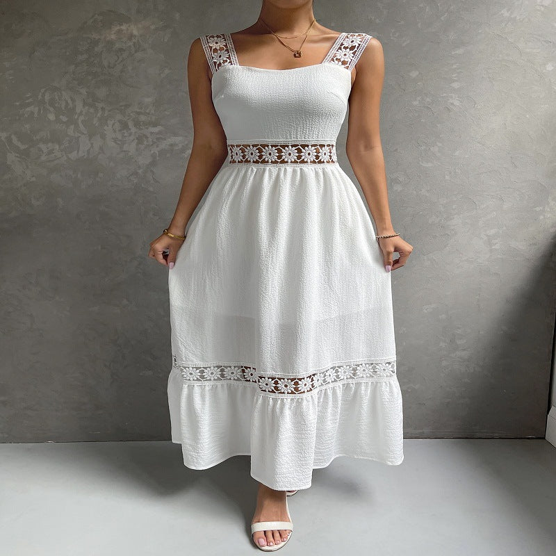 Lace Elegant Sling Slim Fit Patchwork Solid Color Dress