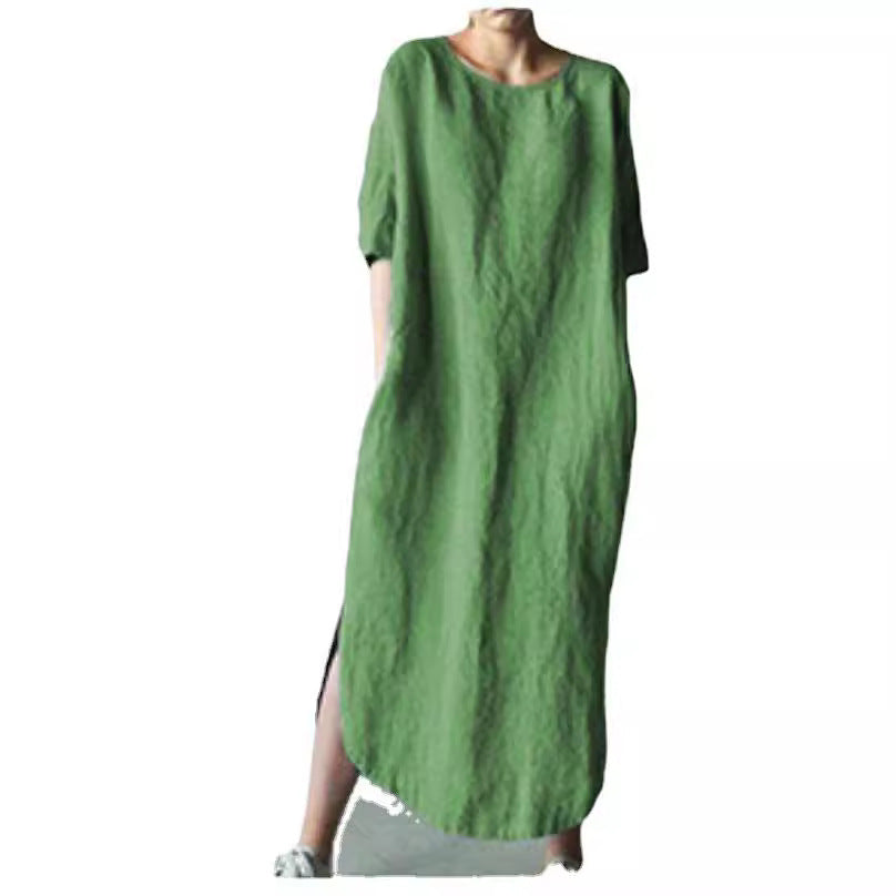 Round Neck Half Sleeve Solid Color Side Dresses