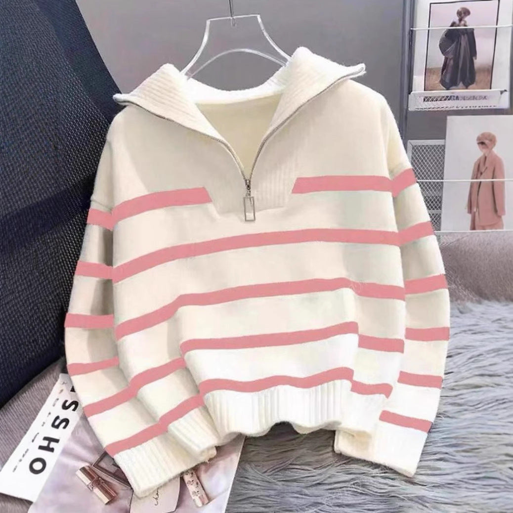 Contrast Color Striped Loose Idle Korean Style Pullover Urban Half Women's Sweater