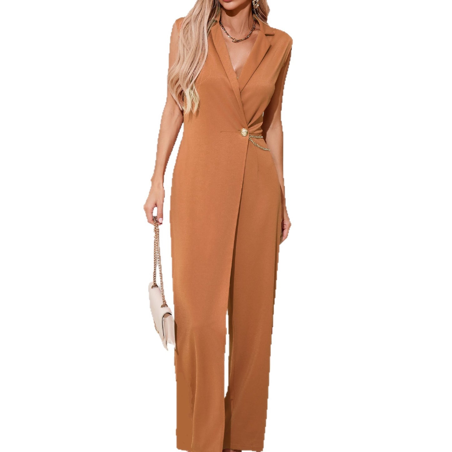 Women's Solid Color Sleeveless One-piece Trousers With Jumpsuits