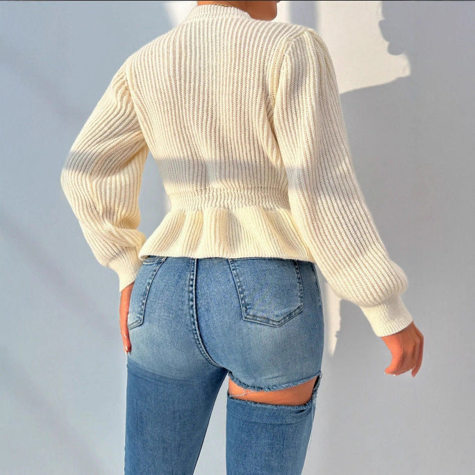 Women's Waist Slimming Temperament Crew Neck Ruffled Sweaters