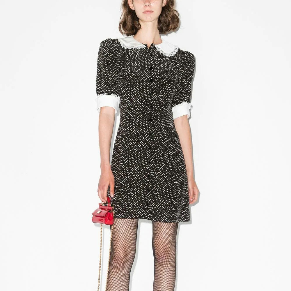 Polka Dot Stitching Lotus Leaf Lapel Sweet Sleeve Dresses