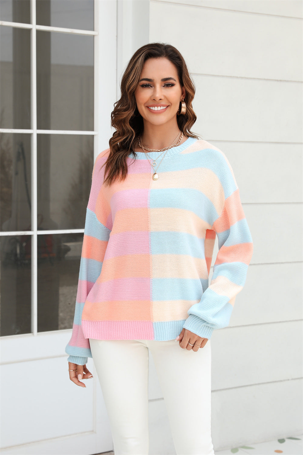 Women's Patchwork Stripes Contrast Color Round Neck Sweater