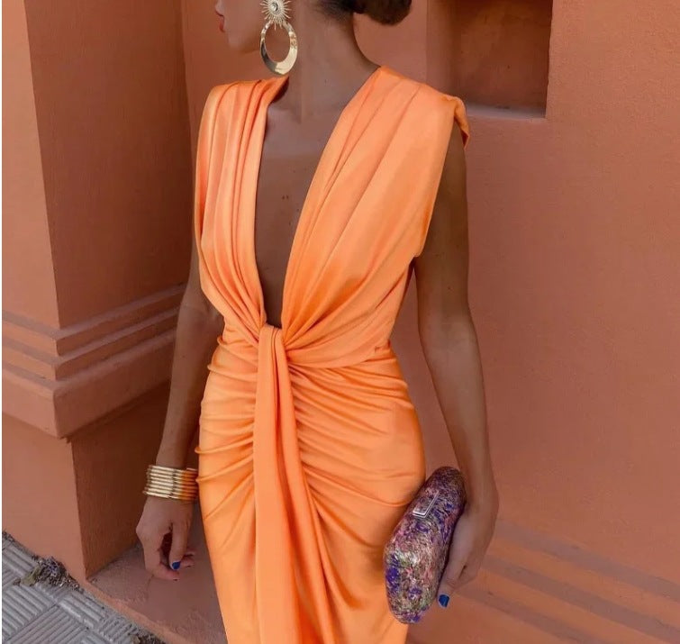Women's Charming Satin Pleated Sleeveless Dress Dresses