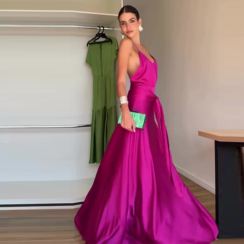 Women's Summer Backless Waist Trimming Rose Red Dresses