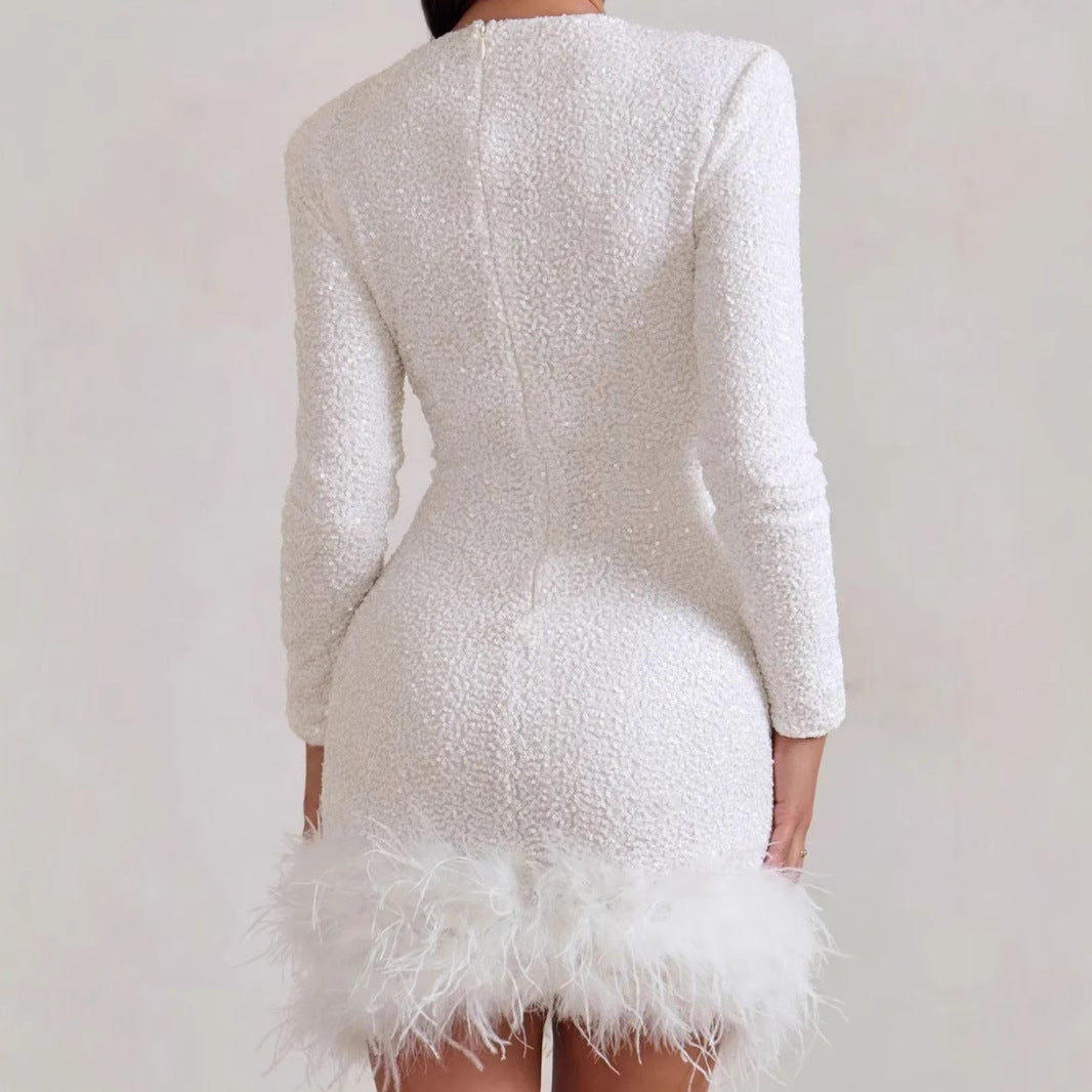 Women's Sexy Solid Color Long Sleeve Sequined Stitching Dress