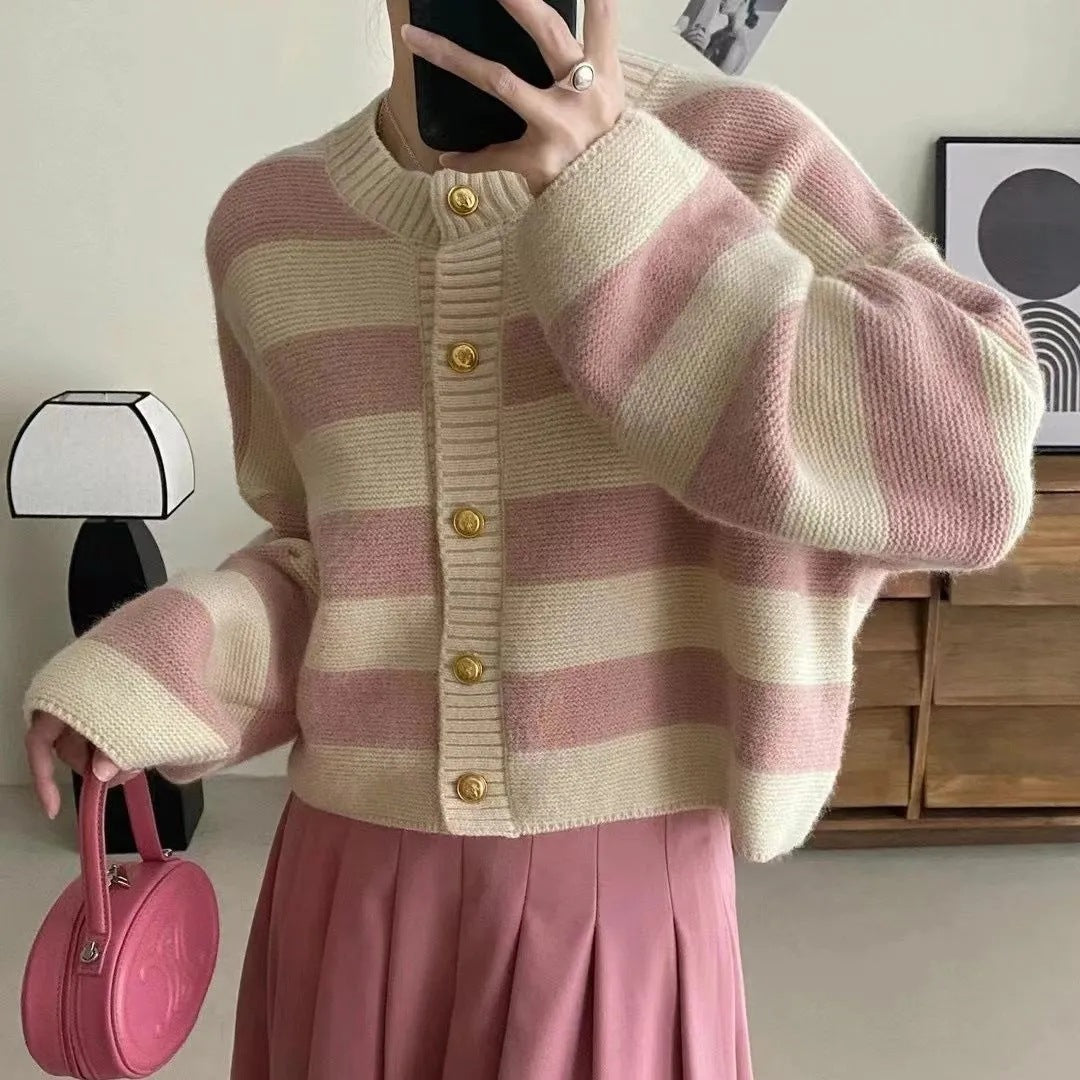 Women's Neck Striped Contrast Color Spring Loose Design Women's Sweater