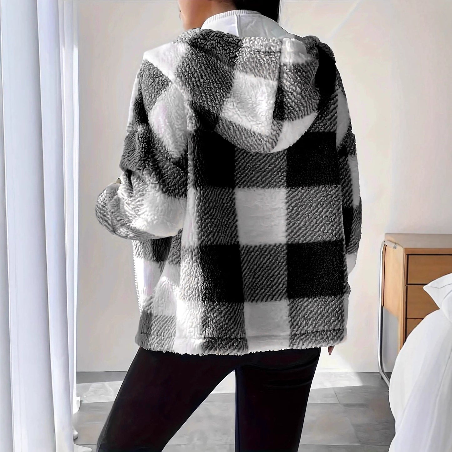 Women's Plaid Loose Casual Hooded Zipper Plush Jackets