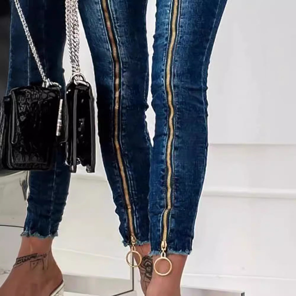 Women's Popular Decorative Zipper High Elastic Jeans