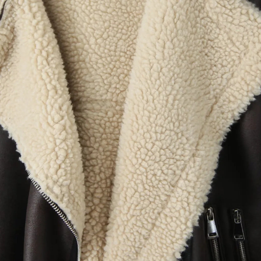 Women's Fashion Belt Zip Composite Fur Jackets