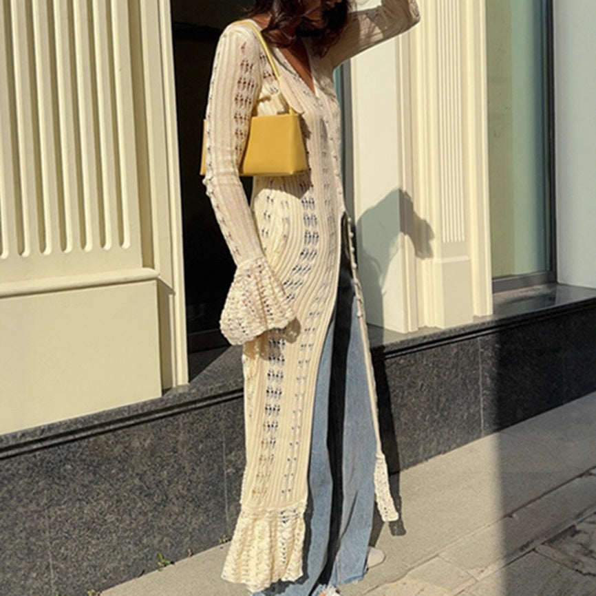 Women's Long Knitted Design Ruffled Idle Style Outer Flared Dress
