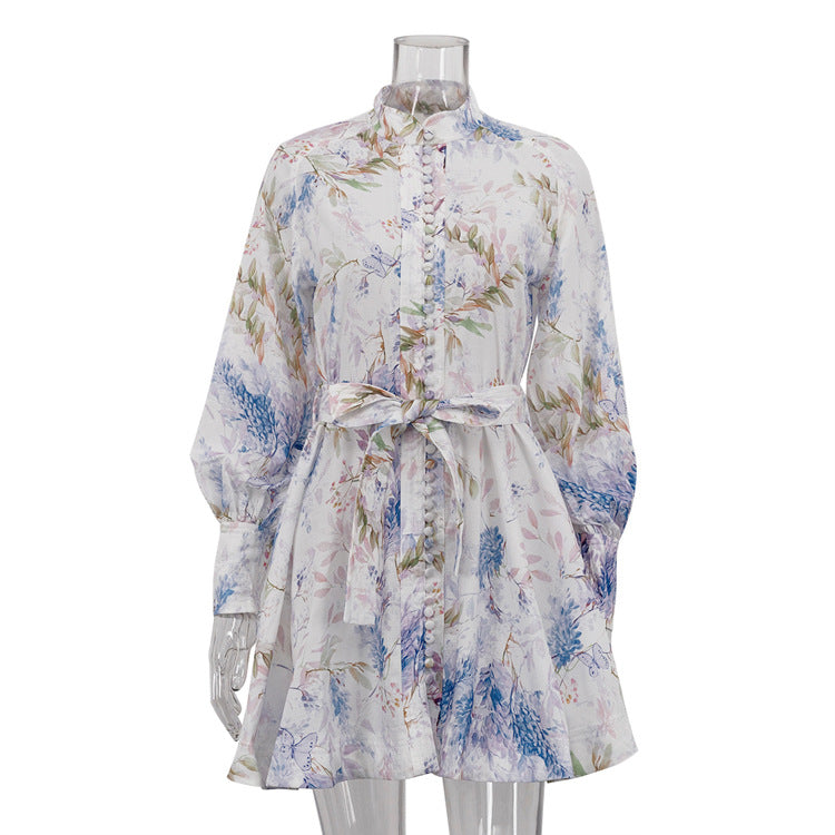 Women's Retro French Printed Elegant Dress Stand Collar Lantern Dresses