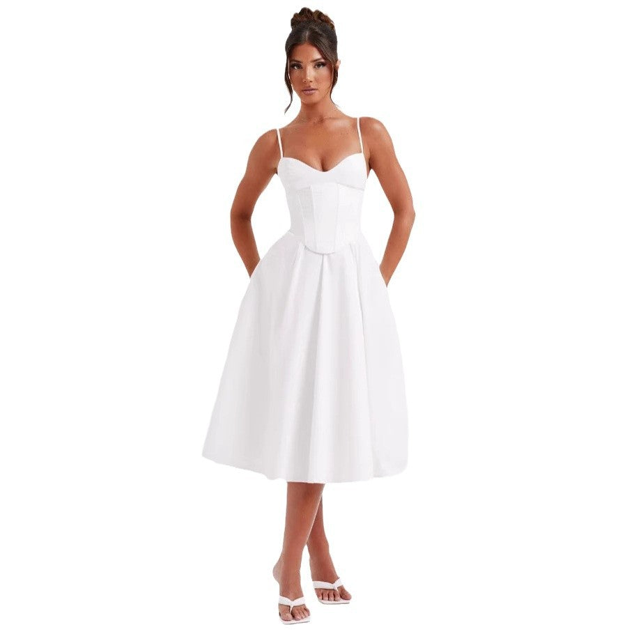 French Retro Solid Color Sleeveless Fishbone Dress Winter Fresh Dresses