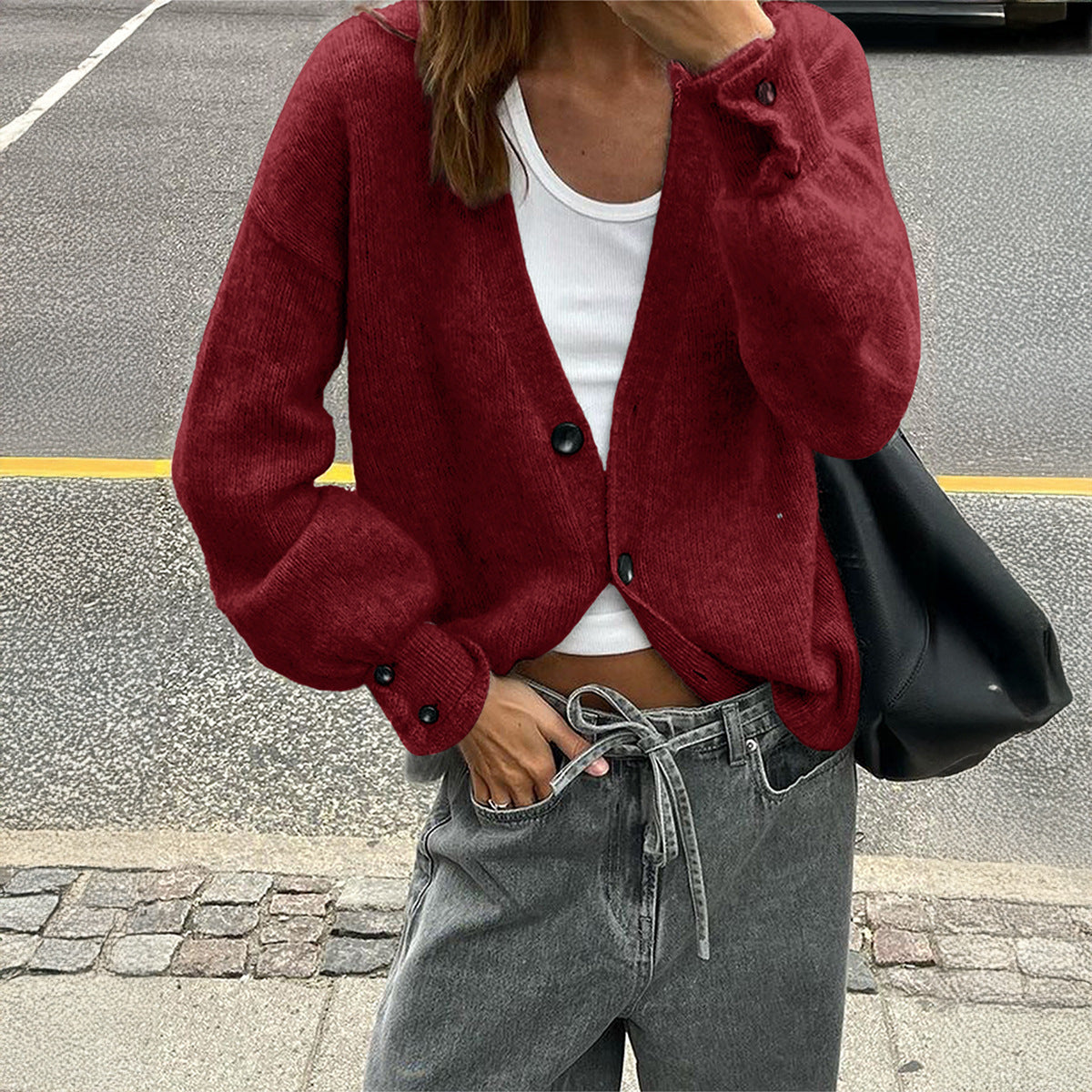 Women's Simple Holiday Button Solid Color Long-sleeved Sweaters