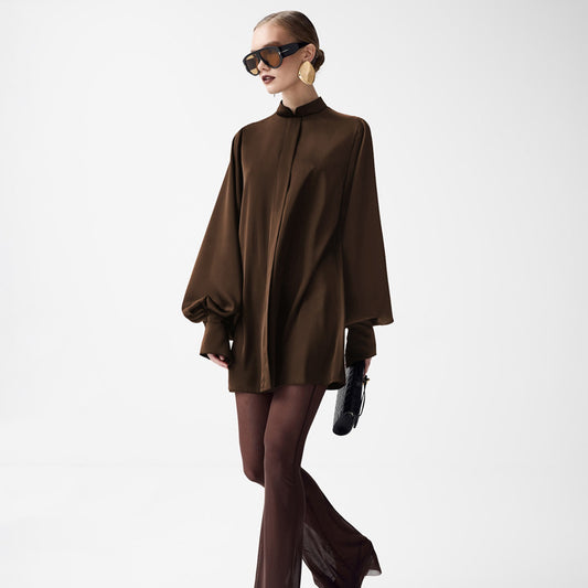 Women's Style High-grade Satin Dress Autumn Stand-up Collar Long-sleeved Dresses