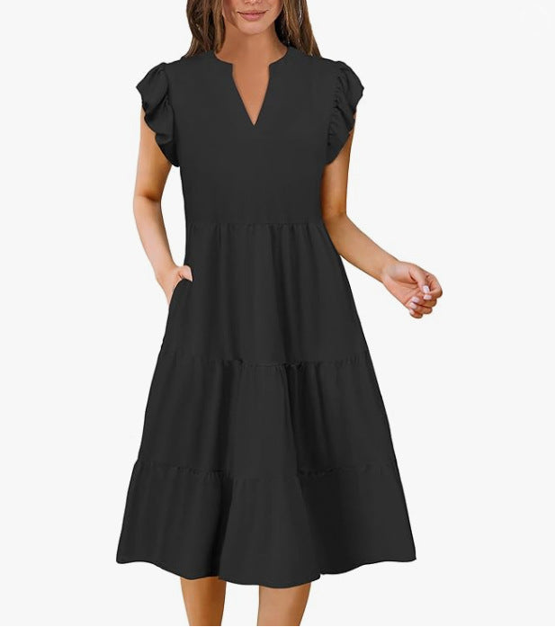 Women's Collar Ruffle Sleeve Mid-length Stitching Big Swing Dress
