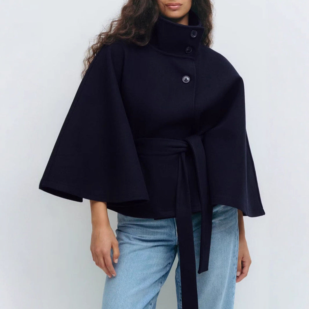 Women's Solid Color Cloak Stand Collar Button Coats