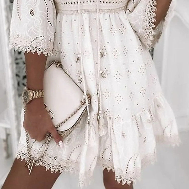 Women's White Hollow Tassel Embroidered Dress Dresses