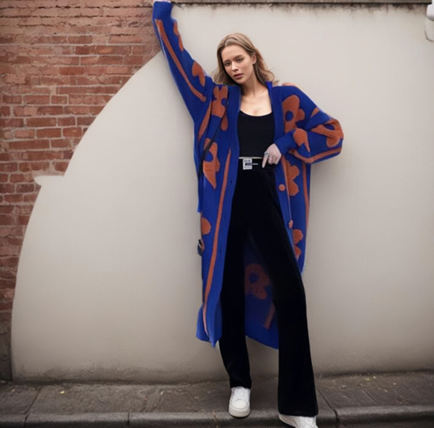 Women's Large Flower Jacquard Knitted Long Single-breasted Knitwear