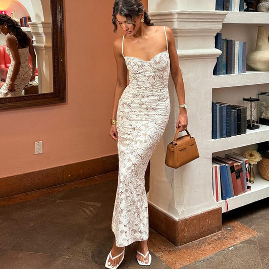 Women's Autumn Sexy Lace Stitching Backless Long Dresses