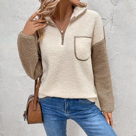 Sleeve Stand Collar Color Matching Warm Sweaters