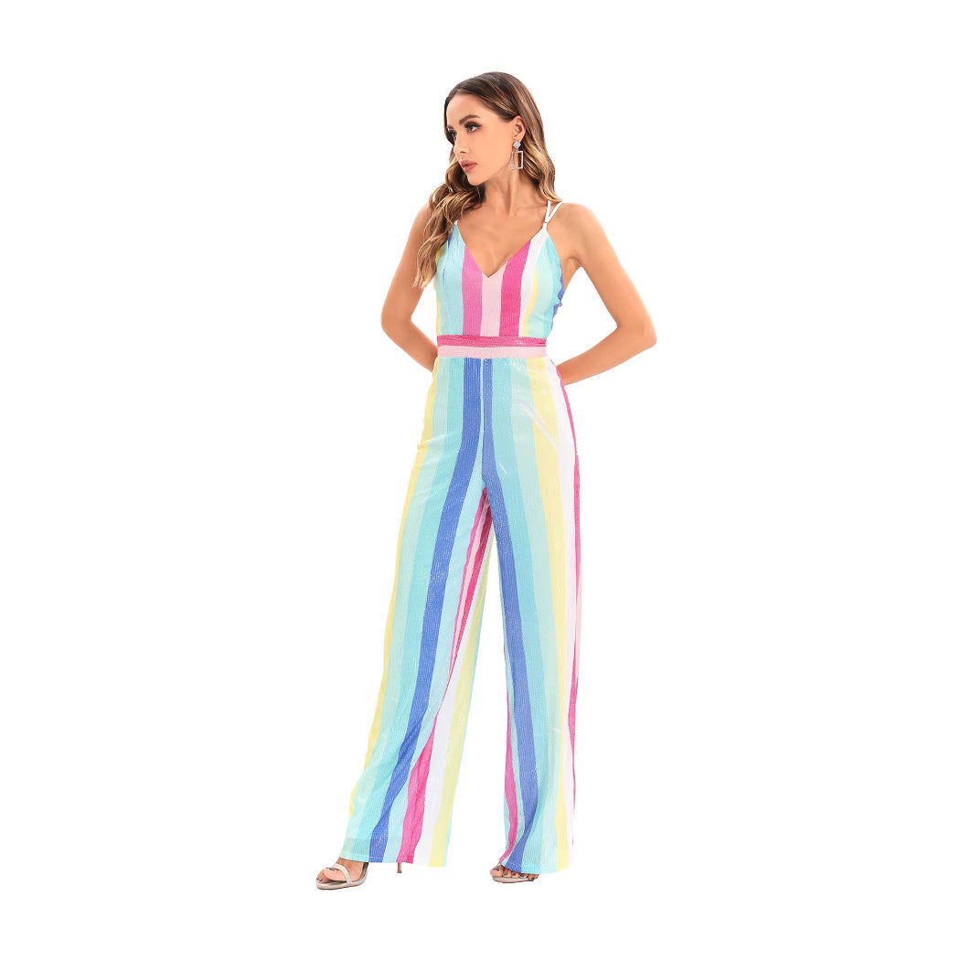 Women's Striped Sequined Deep V One-piece Casual Pants