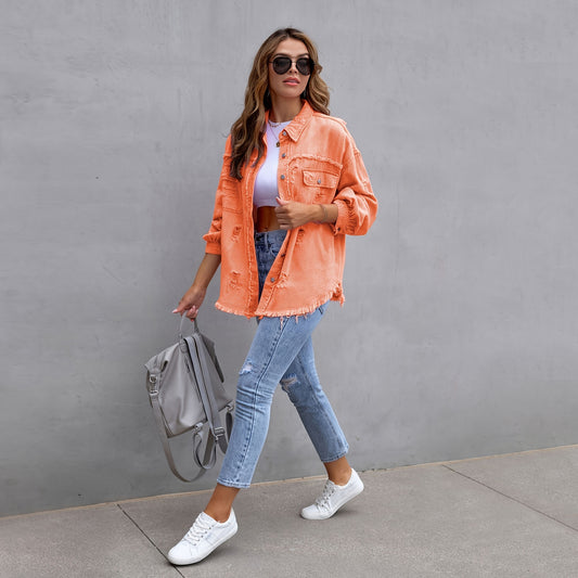 Women's American Solid Color Mid-length Ripped Long Jackets