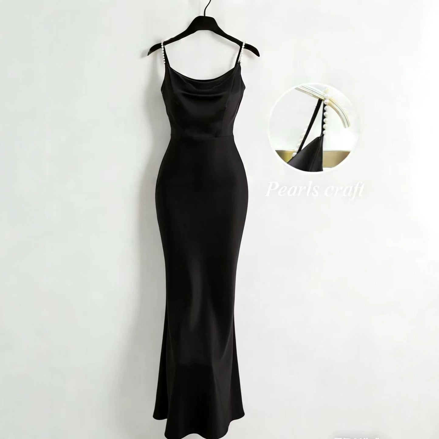 Satin Handmade Pearl Spaghetti Strap Slimming Fishtail Dress