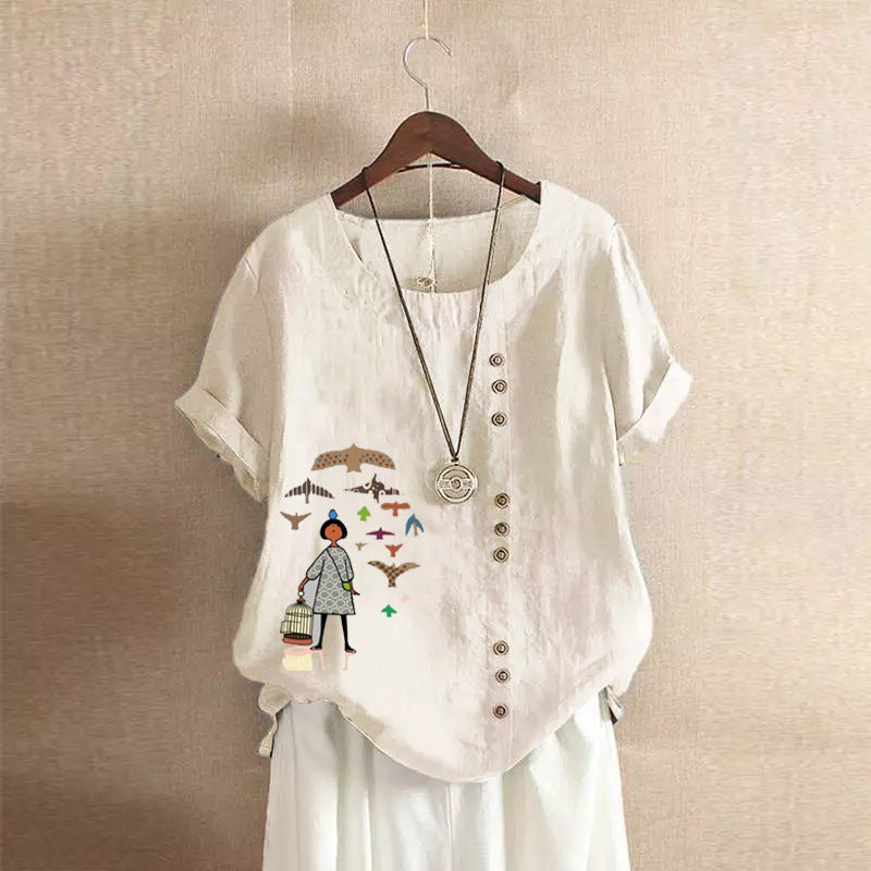 Women's Retro Cotton Linen Printed Casual Shirt Blouses