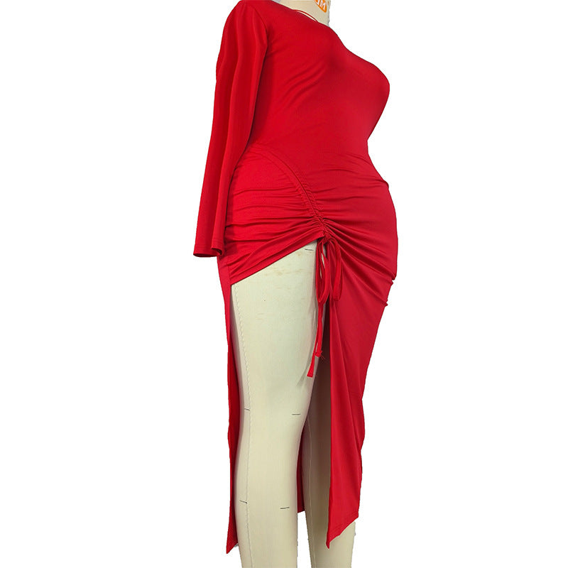 Women's Round Neck Long Sleeves Solid Color Dress