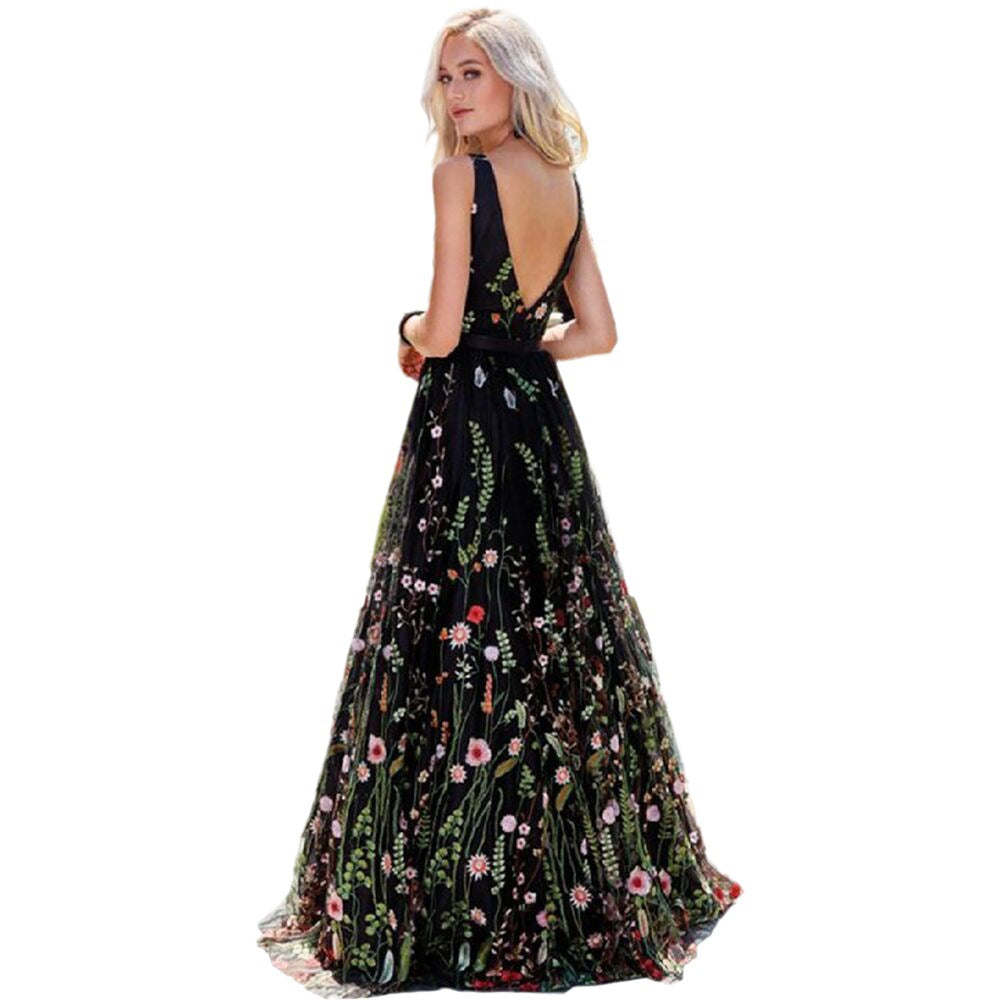 Deep V Sleeveless Embroidered Dress Slim Fit Backless Skirts