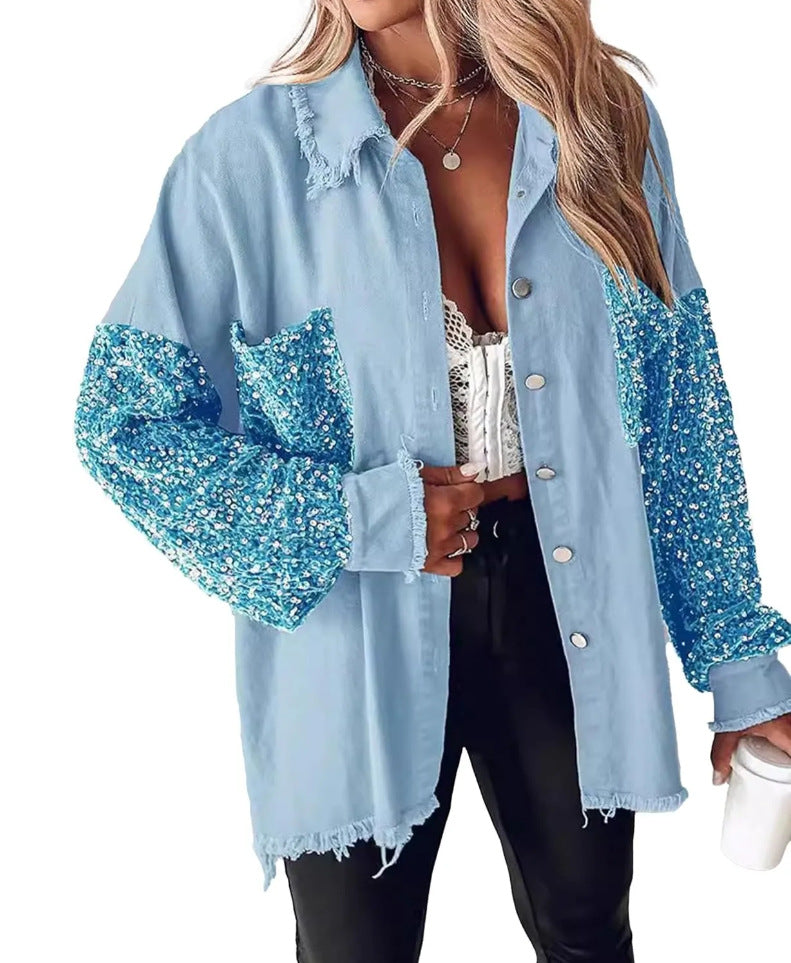 Denim Pullover Long Sleeve Sequined Patchwork Jackets